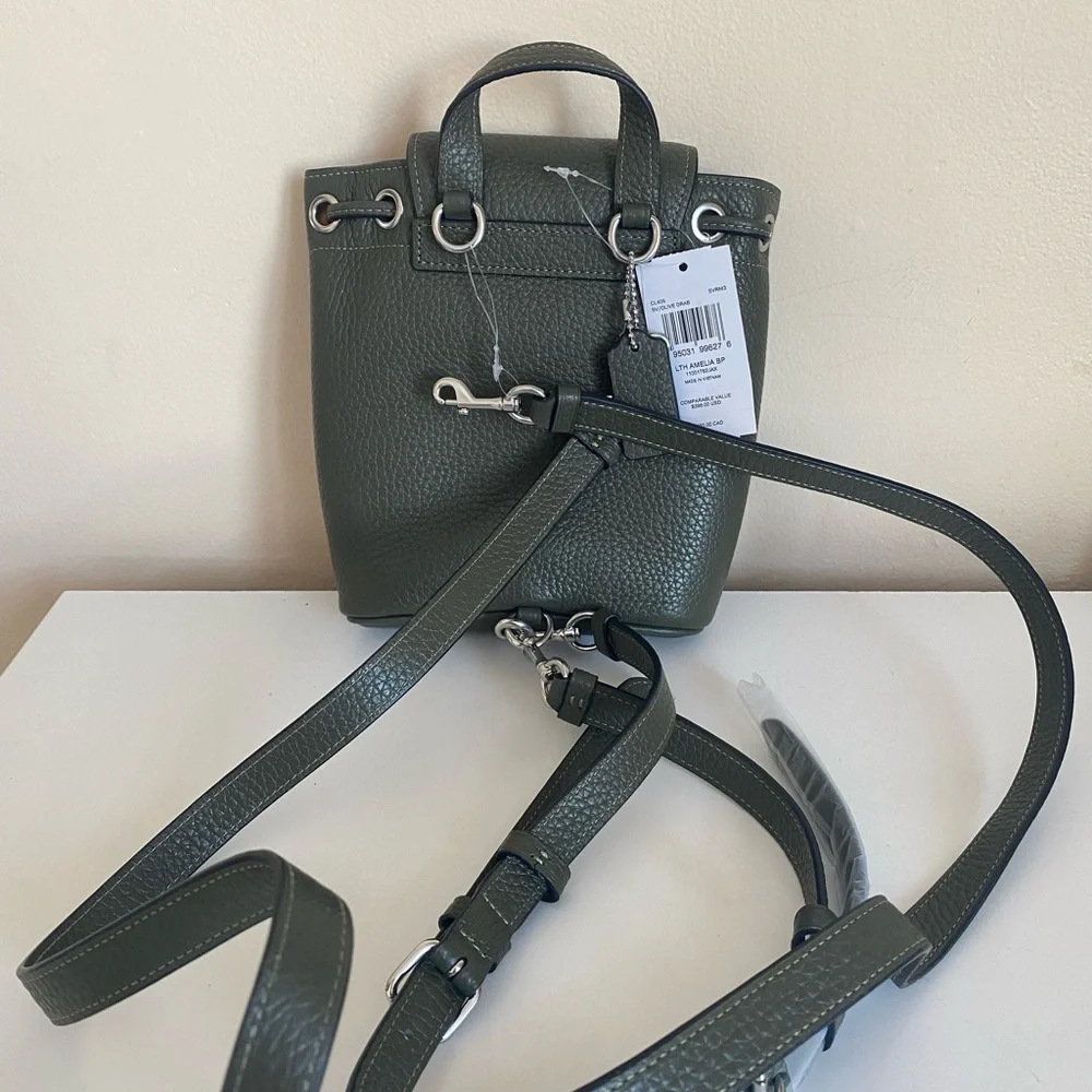 Coach Amelia Olive Green Pebbled Leather Convertible‎ Backpack CL408 NEW